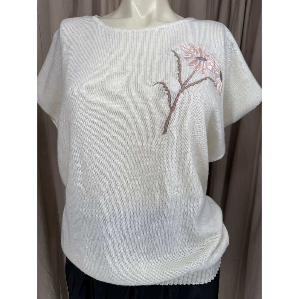 Vintage Kenneth Too Plus Floral Knit Top Cream Short Sleeve Sweater USA Made